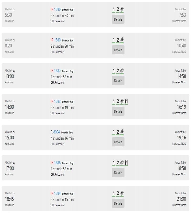 Fahrplan der Bahn von Constanta nach  Bukarest  Stand: Dezember 2021