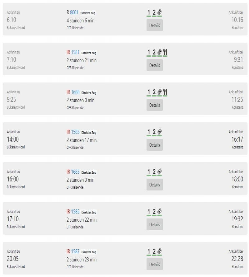 Fahrplan der Bahn von Bukarest nach Constanta  Stand: Dezember 2021