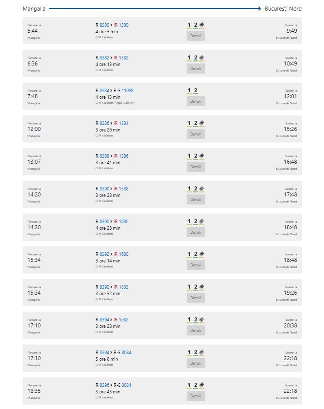 Fahrplan der Bahn von Mangalia nach Bukarest über Constanta - Stand: Januar 2022