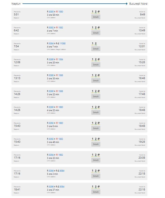 Fahrplan der Bahn von Neptun nach Bukarest über Constanta - Stand: Januar 2022