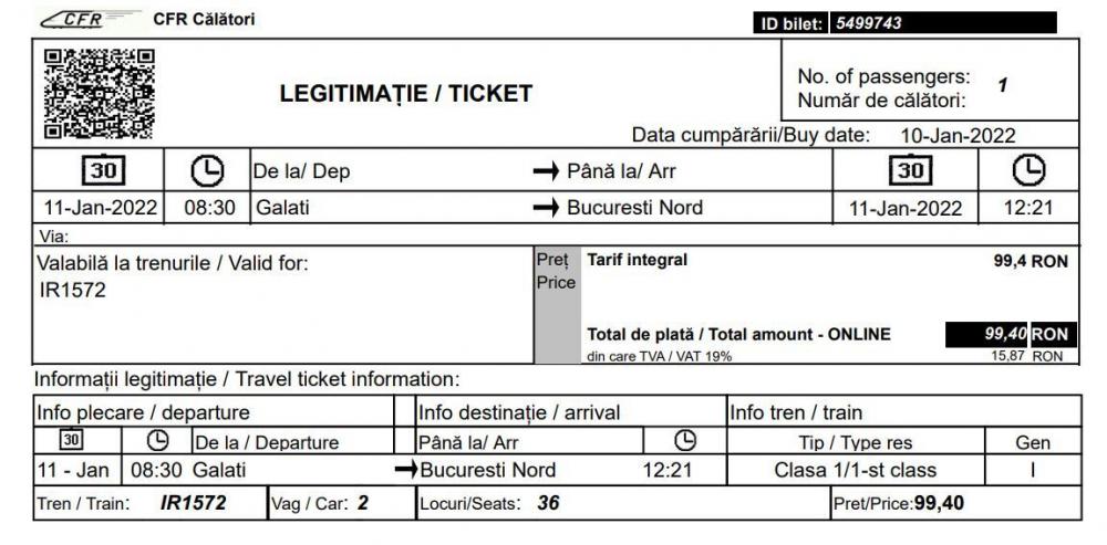 Online-Ticket (Muster) für eine Bahnfahrt von Galaţi nach Bukarest am 11. Januar 2022