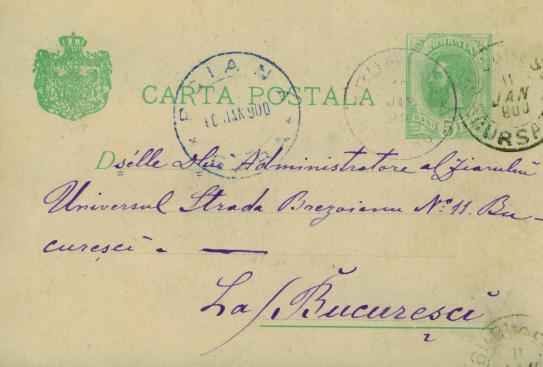 Alte Postkarte vom Dezember 1899 nach Bukarest
