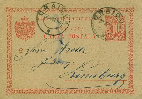 Alte Postkarte von 1894 - Craiova => Lüneburg