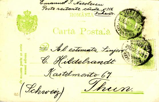 Alte Postkarte vom März 1909 nach Thun in der Schwweiz