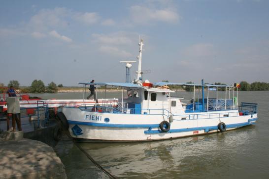 Im Donaudelta: Blick auf die Donau mit einer Fähre, die zwischen Crisan und Caraoman verkehrt