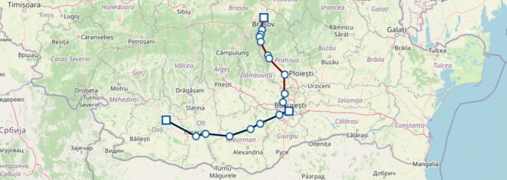 Steckenverlauf und Fahrplan der Züge zwischen Brasov und Caiova über Bukarest