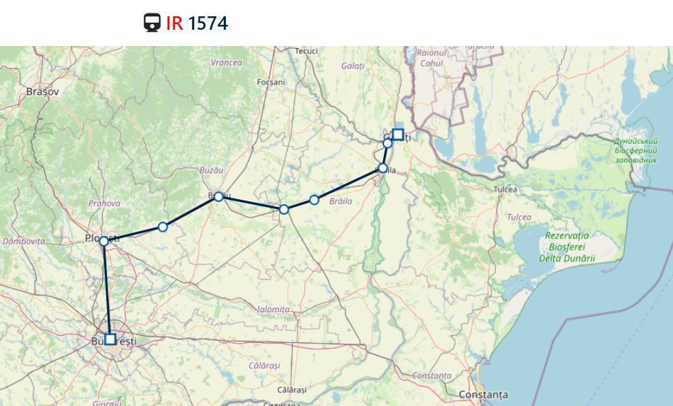 Streckenverlauf des Zuges IR 1574 von Galaţi nach Bukarest
