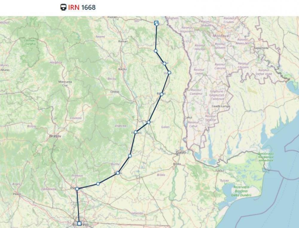 Streckenverlauf desZuges IRN 1668 von Iași nach Bukarest