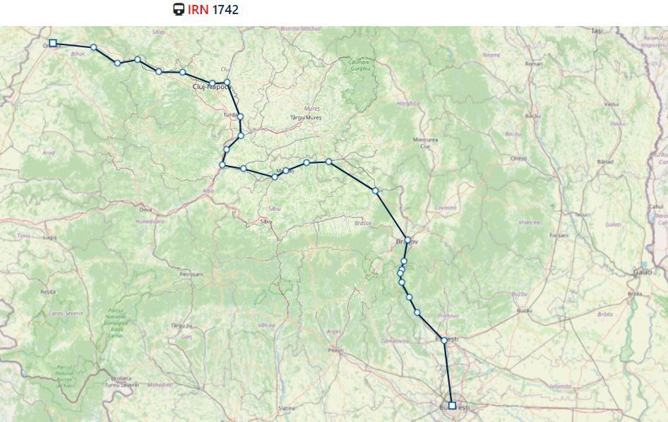 Streckenverlauf des Zuges IRN 1742 von Oradea nach Bukarest