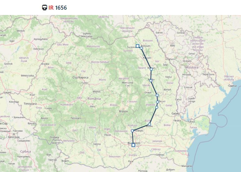 Streckenverlauf des Zuges IR 1656 von Suceava nach Bukarest