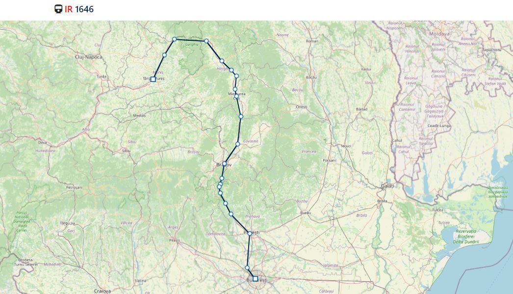 Streckenverlauf des Zuges  IR 1646 von Târgu Mureș  nach Bukarest