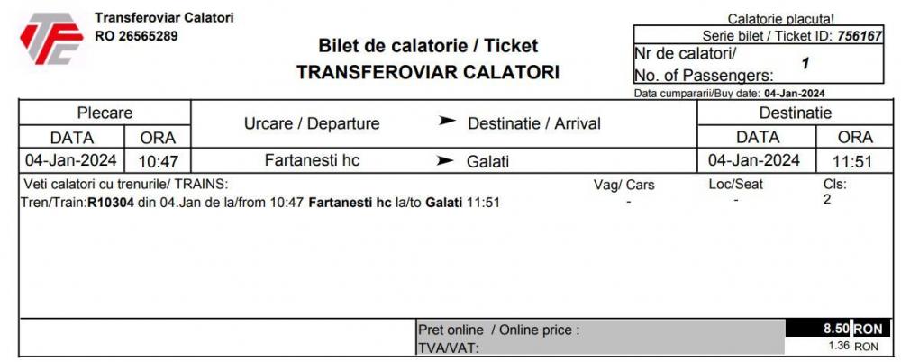 Online-Ticket (Muster) für eine Bahnfahrt von Fartanesti nach Galaţi am 4. Januar 2024